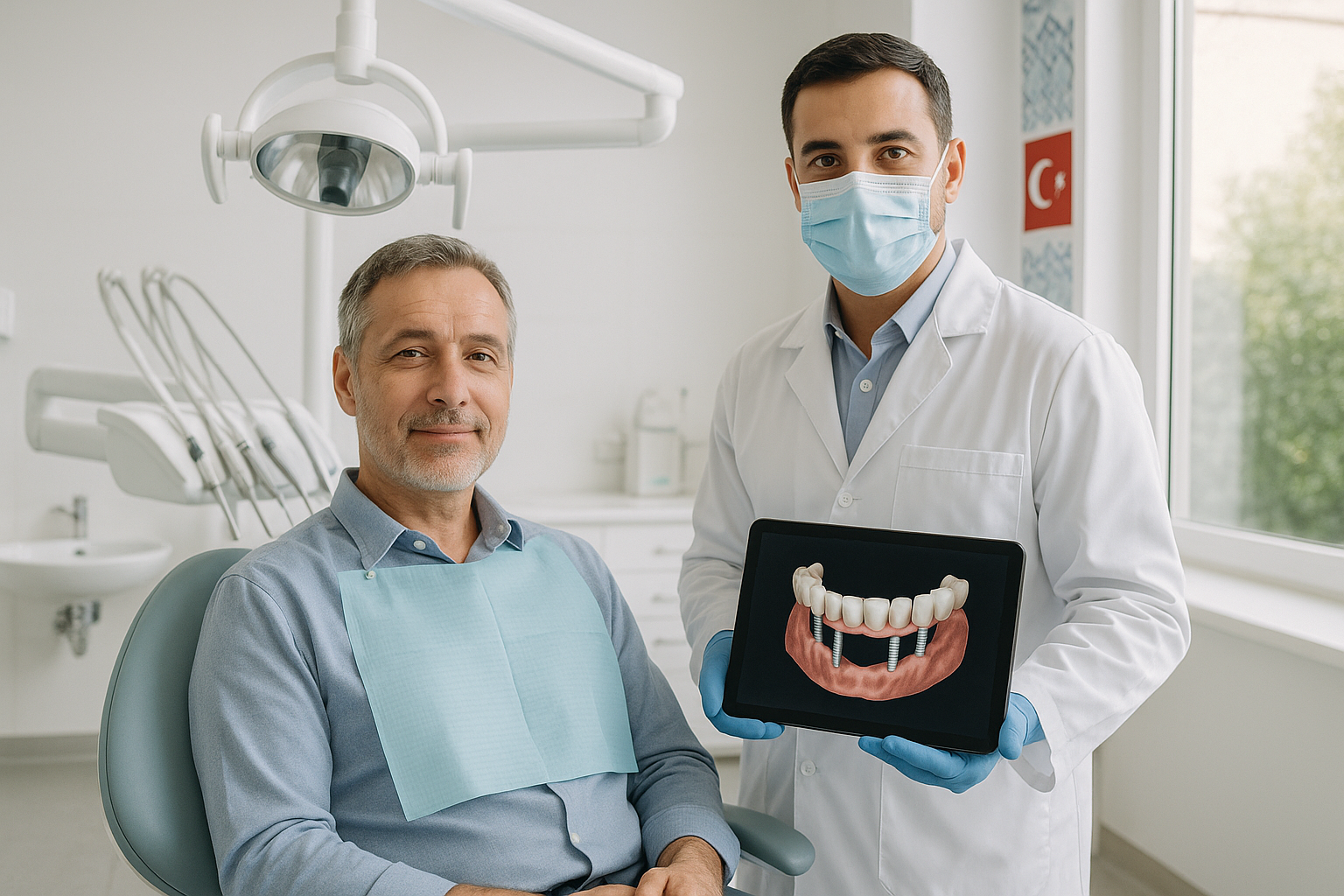 A photorealistic modern dental clinic in Turkey with a middle-aged patient seated in a dental chair.