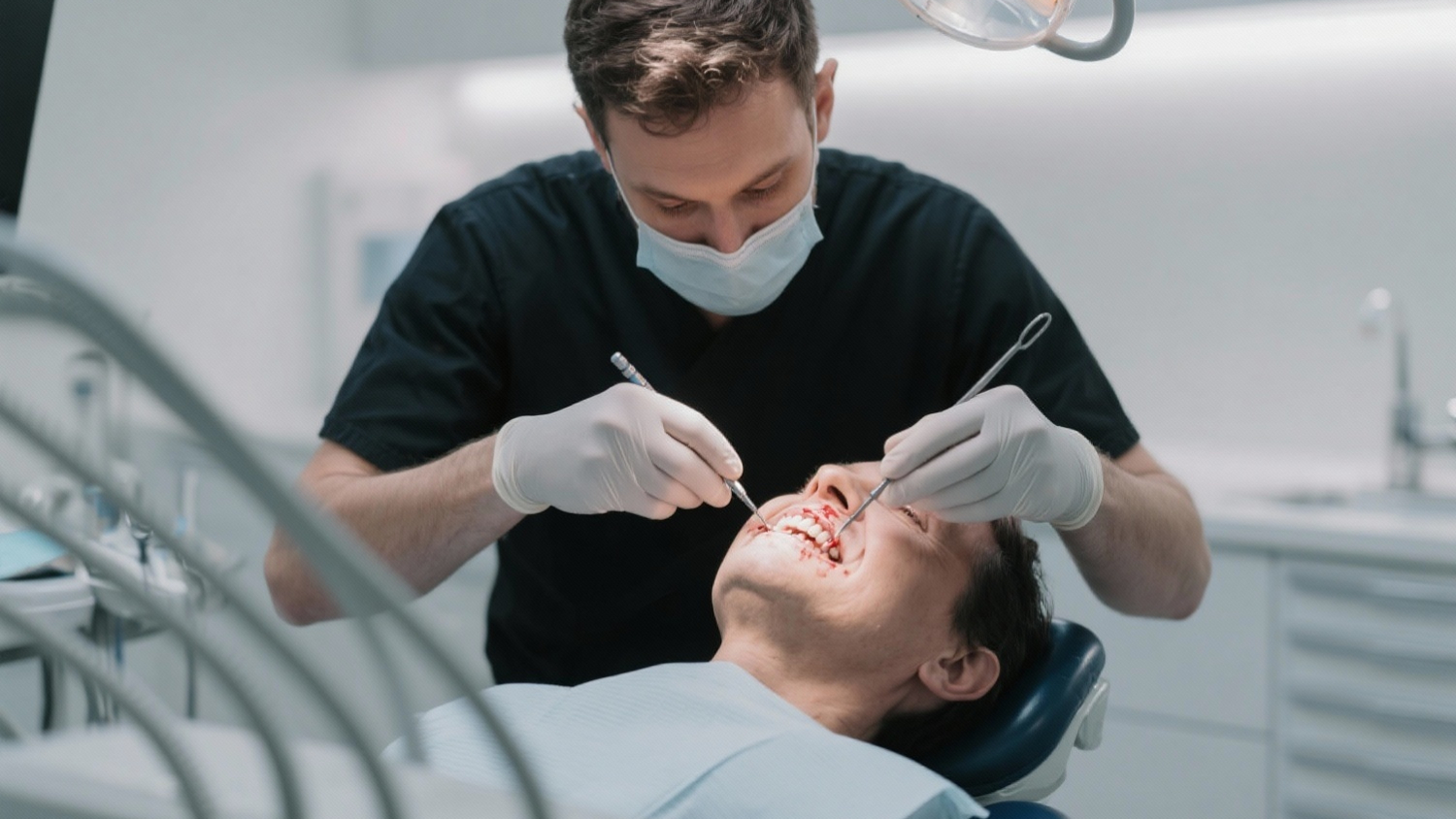 A dentist in a white coat and mask fits a porcelain-fused-to-metal crown onto a reclining middle-aged patient’s tooth