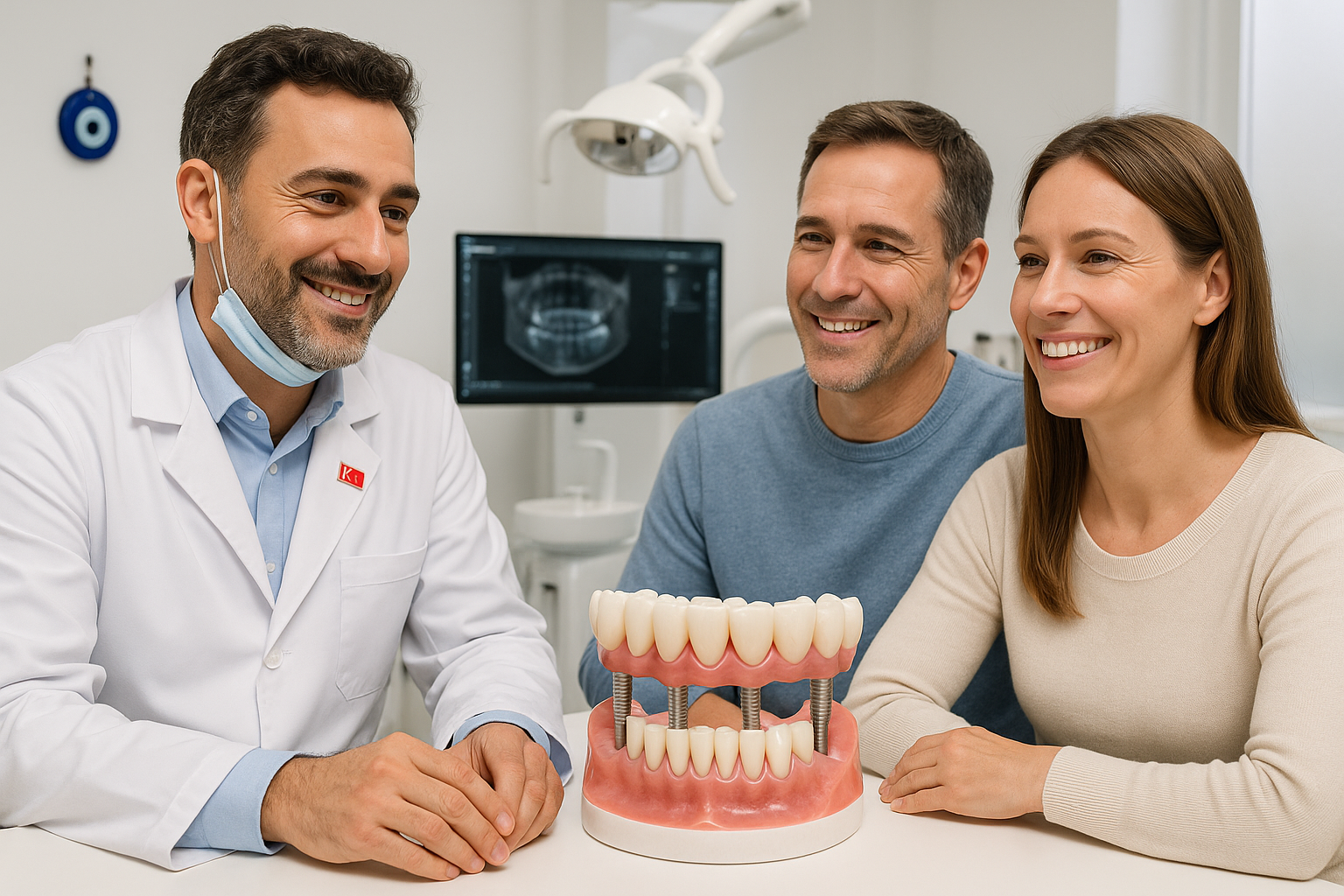 A friendly Turkish dentist in a modern clinic consults with two relaxed, smiling adult patients.