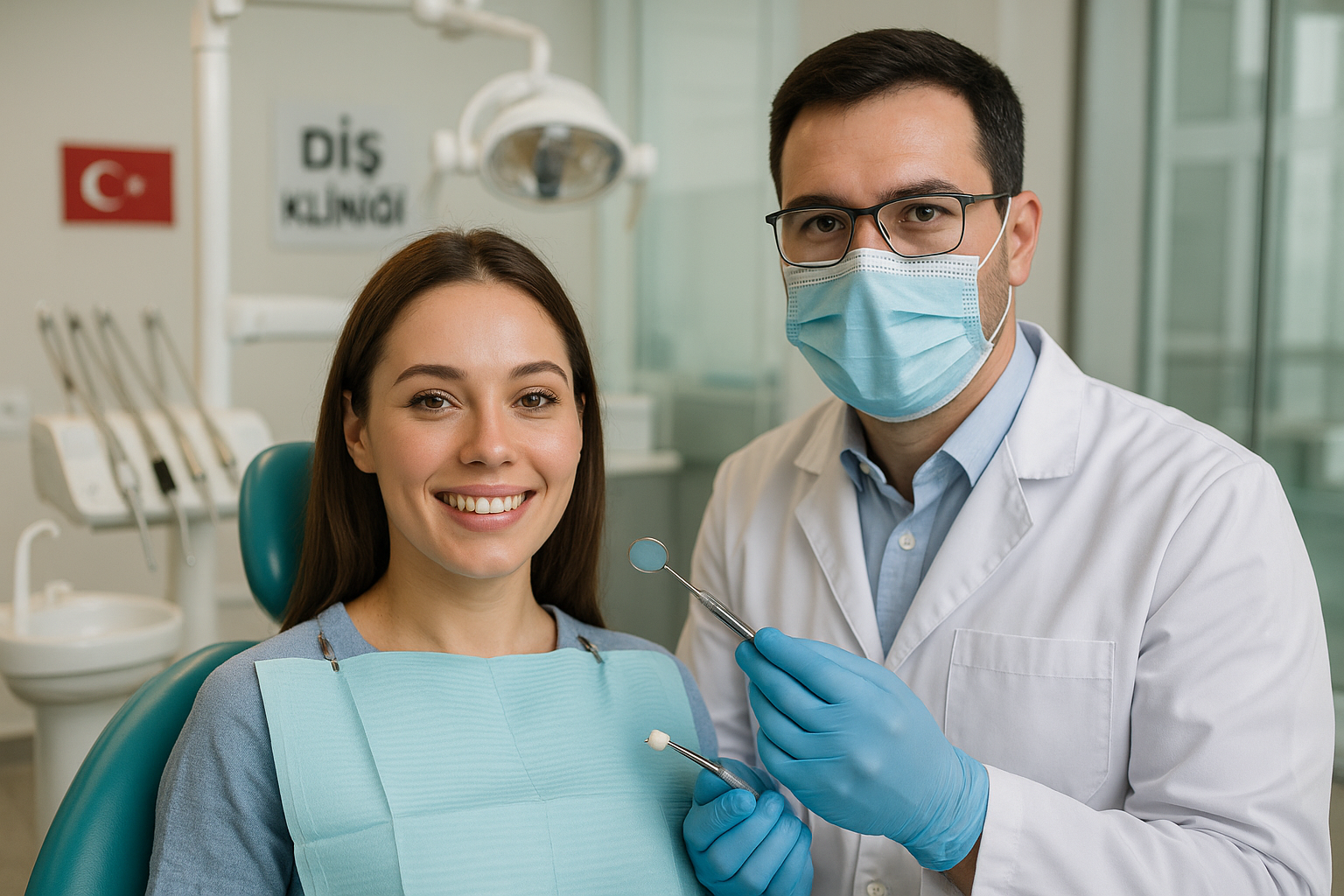 A smiling female patient sits in a modern Turkish dental clinic chair