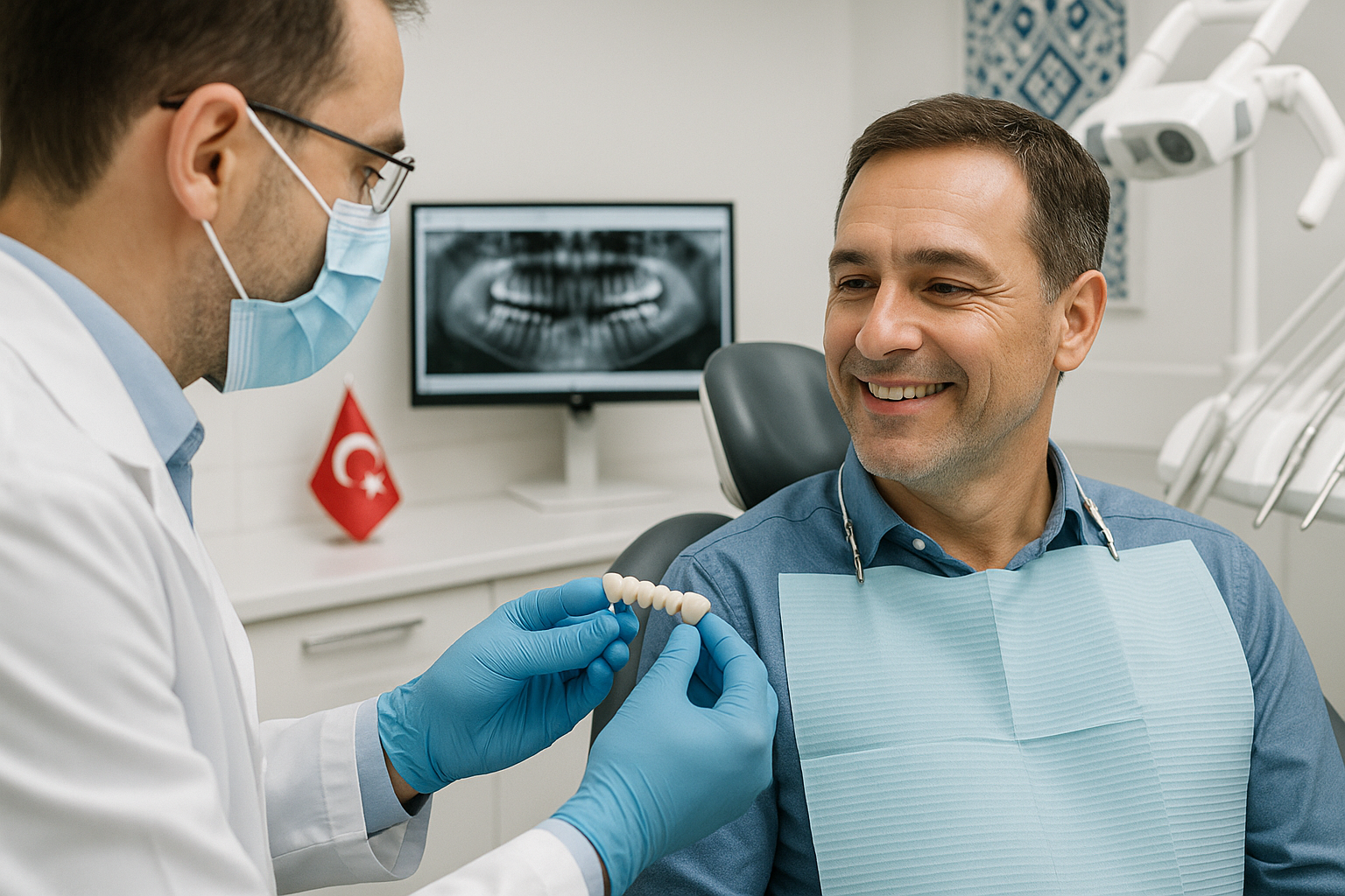 A dentist in a white coat holds a dental bridge while explaining the procedure to a smiling patient in a dental clinic