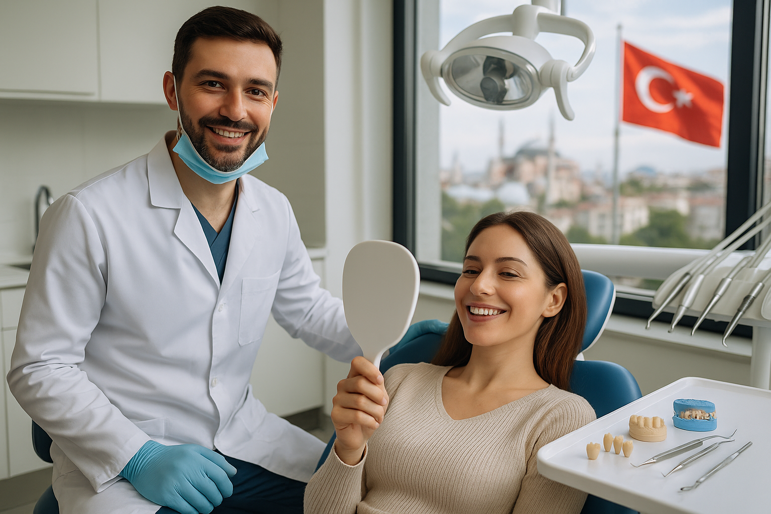 A modern Turkish dental clinic with a smiling dentist in a white coat