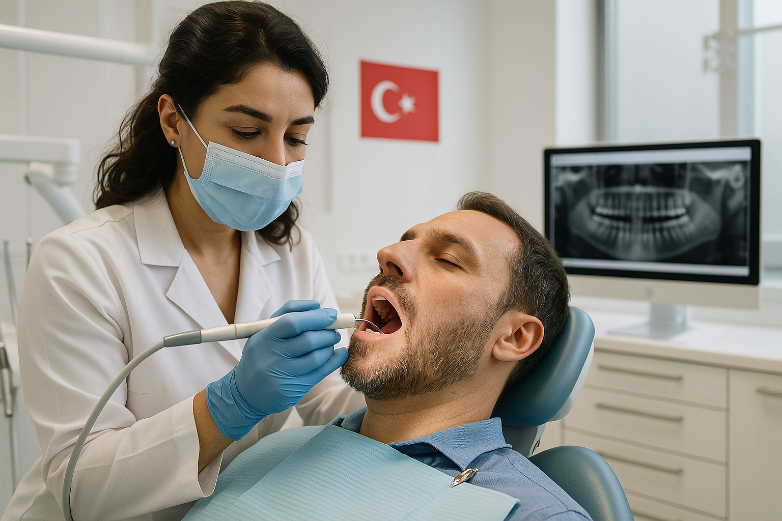 A modern Turkish dental clinic with a dentist performing dental scaling on a relaxed patient