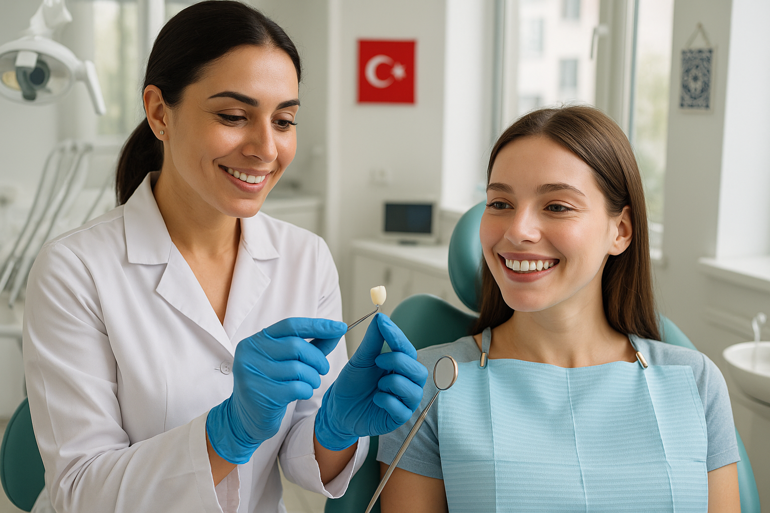 A photorealistic modern dental clinic in Turkey with a smiling female patient in a dentist’s chair