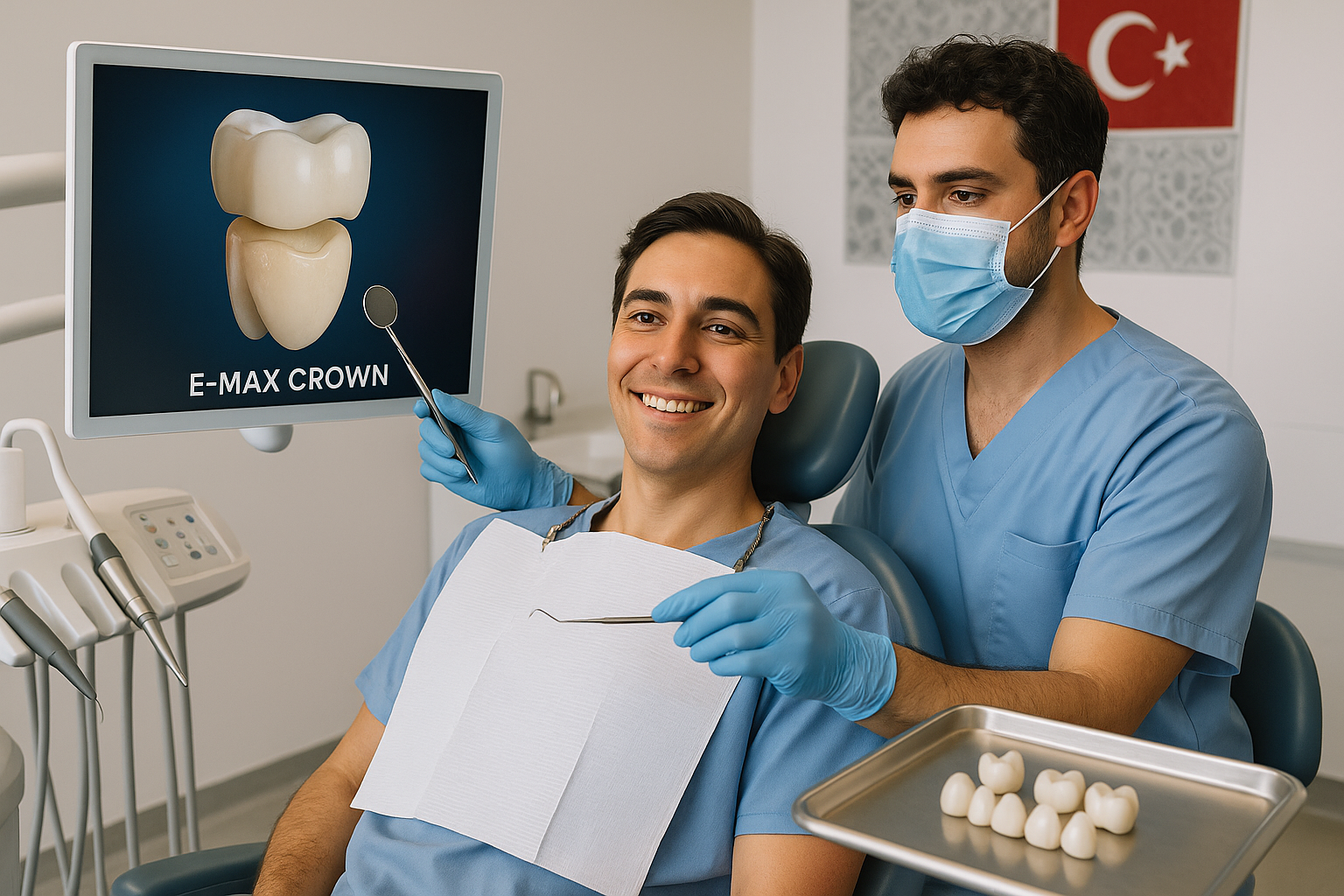 A modern Turkish dental clinic with a smiling, gender-neutral patient in their 30s sitting in a dental chair