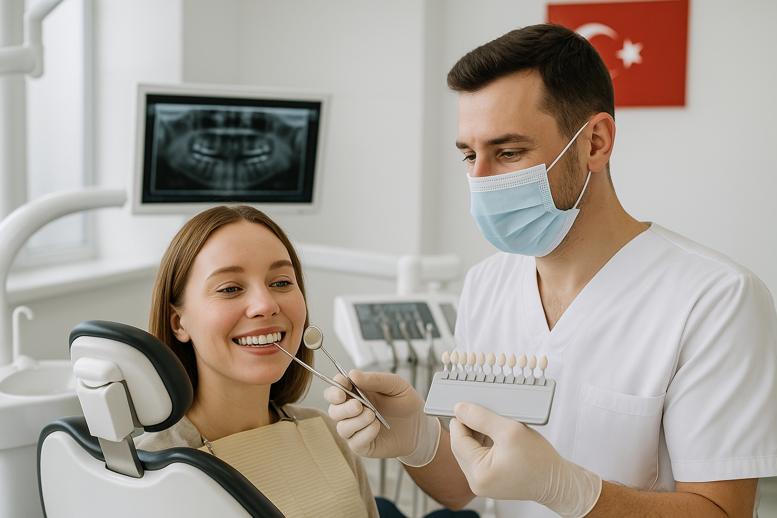 A modern dental clinic in Turkey with a patient smiling in a sleek dental chair while a dentist in white scrubs