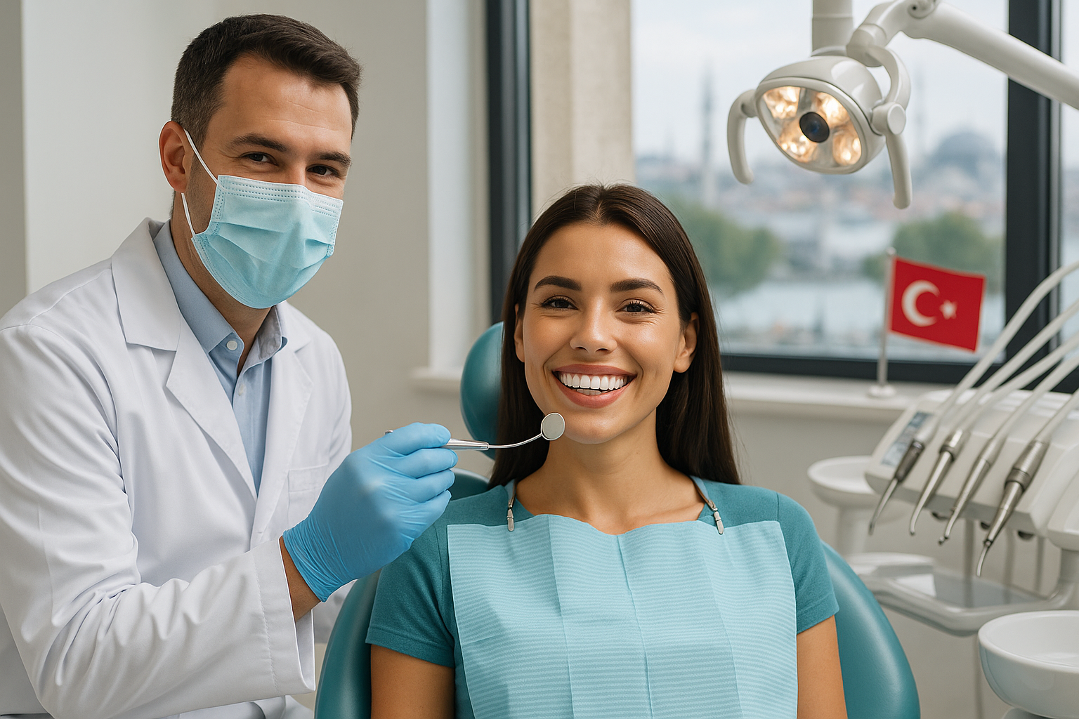 A smiling patient with perfect white teeth sits in a modern Turkish dental clinic chair