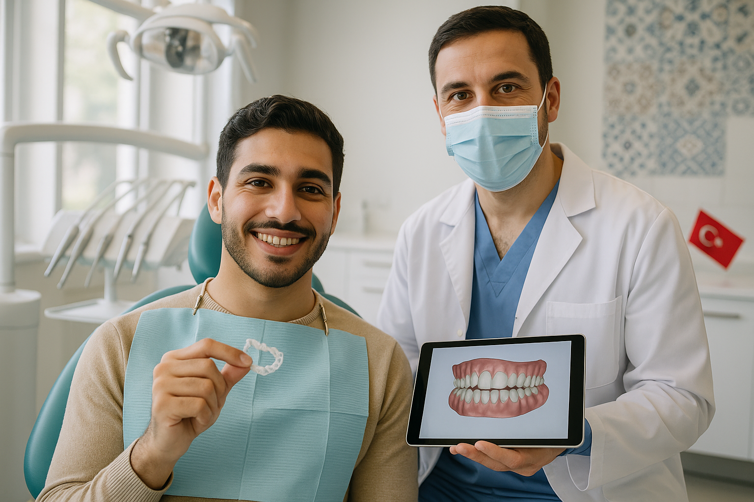 A modern Turkish dental clinic interior with a smiling young adult patient in a dental chair