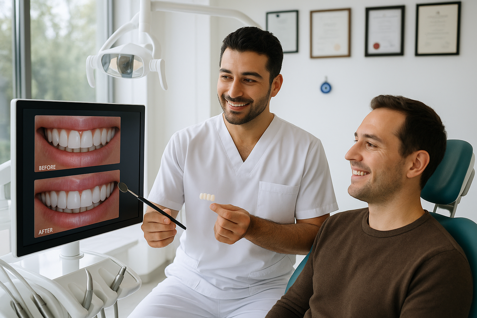 A modern Turkish dental clinic with a friendly dentist