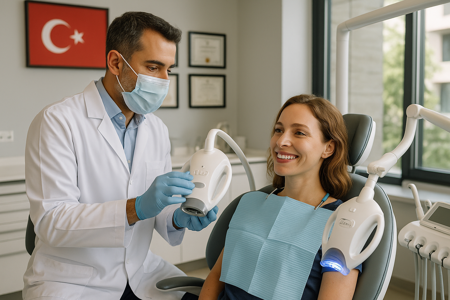 A modern dental clinic with a dentist in a white coat and mask explaining a teeth whitening procedure to a smiling patient