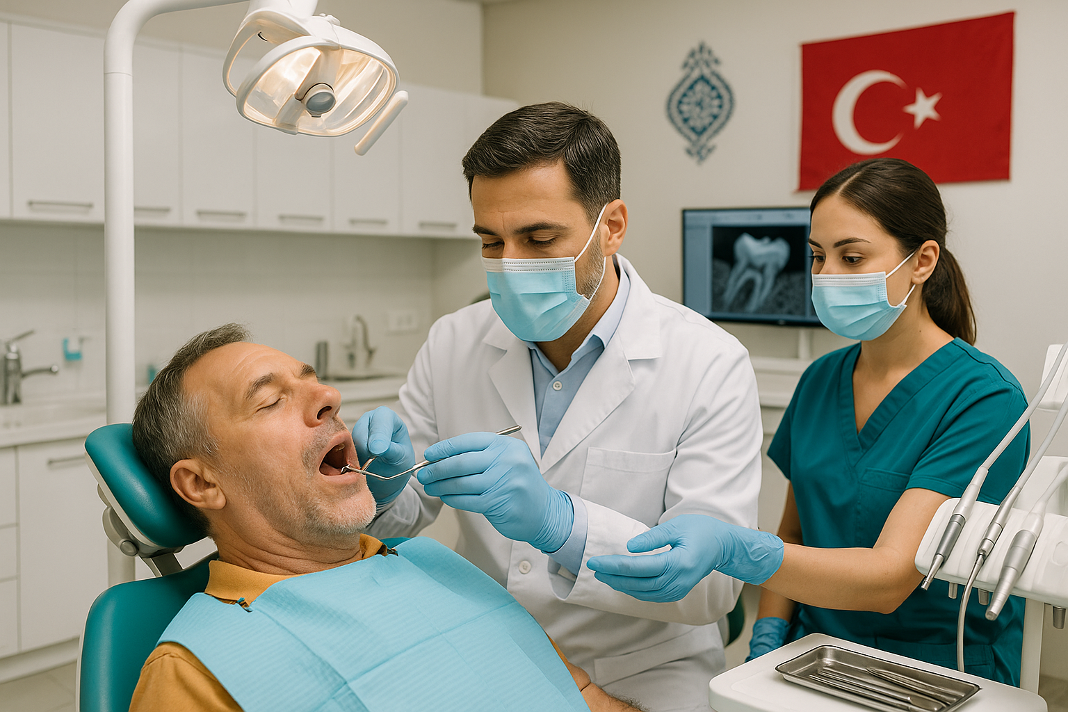 A realistic photo of a middle-aged male patient reclining in a modern Turkish dental clinic