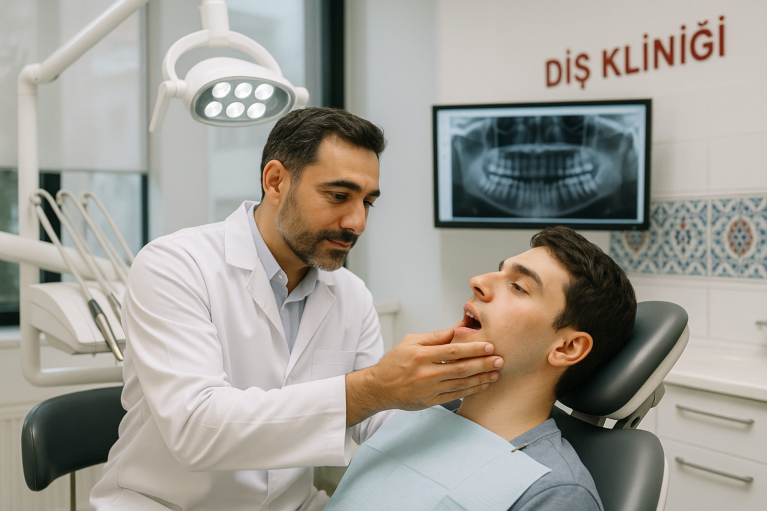 A compassionate Turkish dentist in a white coat gently examines a young adult patient's jaw and teeth in a sleek dental chair