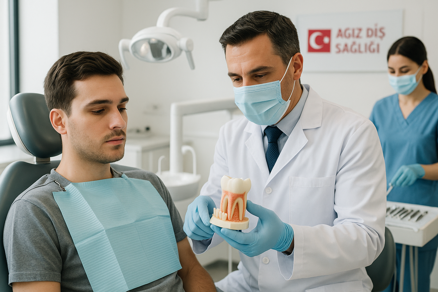 A modern Turkish dental clinic: a calm young adult patient sits in a dental chair
