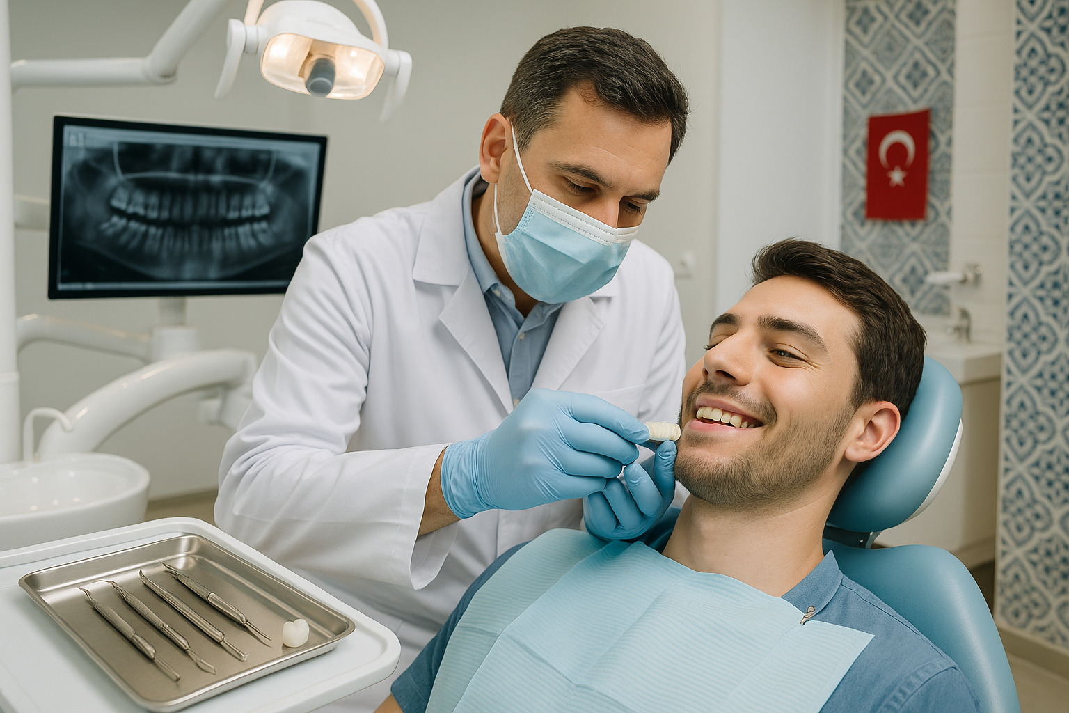 A realistic photo of a Turkish dental clinic shows a dentist in a white coat