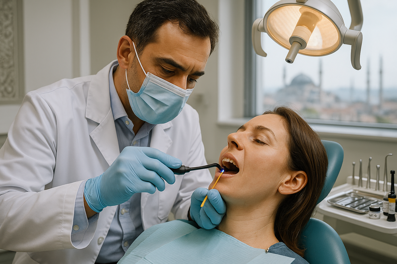 A skilled Turkish dentist in a white coat and mask applies composite bonding to a patient’s front tooth in a modern, well-lit dental clinic. The patient reclines comfortably under a dental lamp, with dental tools and bonding materials on a tray nearby. The background features Turkish architectural motifs and a window with a cityscape suggesting Istanbul, conveying a clean, professional, and reassuring atmosphere.