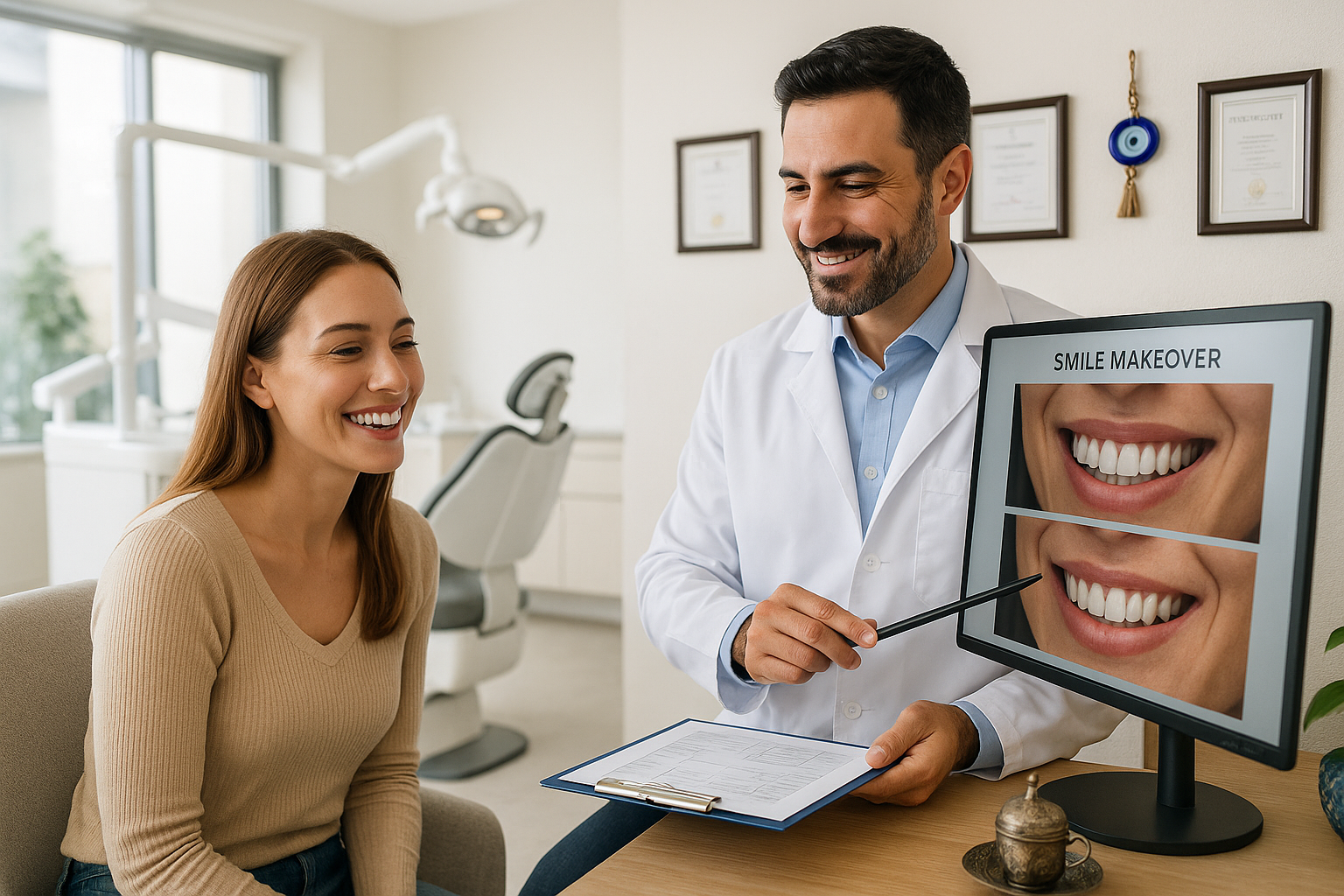 A photorealistic modern dental clinic in Turkey with a bright, stylish reception area. In the foreground, a smiling female patient with perfect teeth consults a Turkish dentist in a white coat, who is holding a dental chart and pointing to a digital smile makeover plan on a high-tech screen. Background includes advanced dental equipment, certificates, and Turkish decor elements like a blue evil eye ornament and a Turkish coffee set, creating a clean, professional, and welcoming atmosphere.