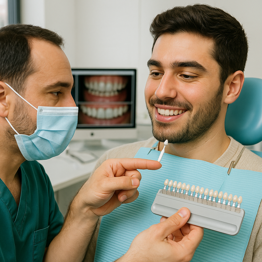 Close-up of a dentist holding a dental shade guide and discussing composite bonding with a smiling patient in a modern Turkish dental clinic; dental tools and a computer with before-and-after images are visible in the background.