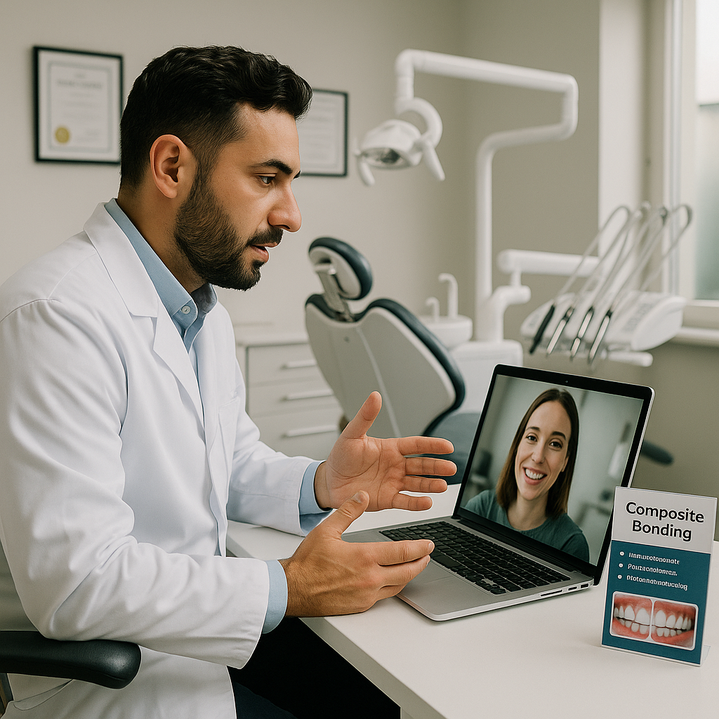 A modern dental clinic in Turkey with a cosmetic dentist in a white coat conducting a virtual consultation via laptop; clean, well-lit environment with dental equipment, certificates, and composite bonding brochures visible.