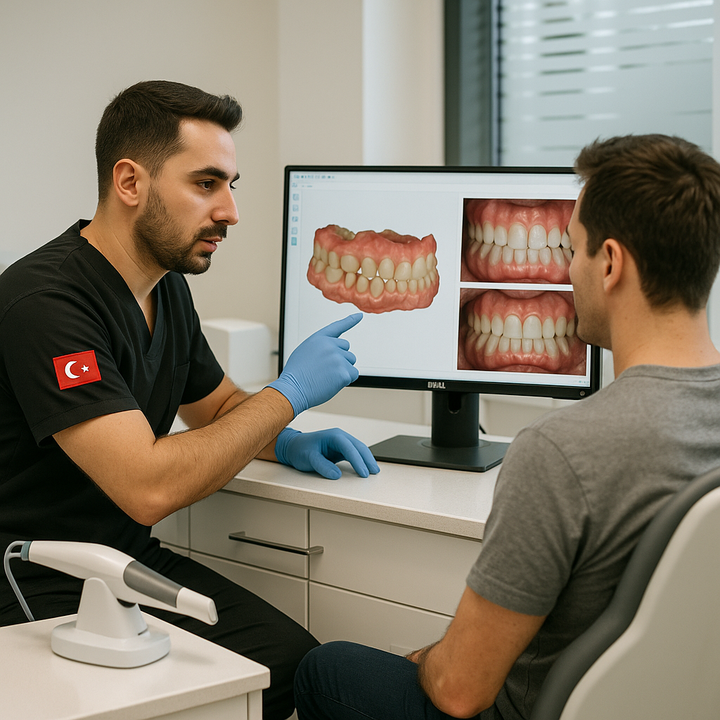 A dentist in a modern Turkish clinic shows a patient detailed dental scans and photos on a large monitor; advanced equipment and a clean, bright environment emphasize personalized, high-tech care.