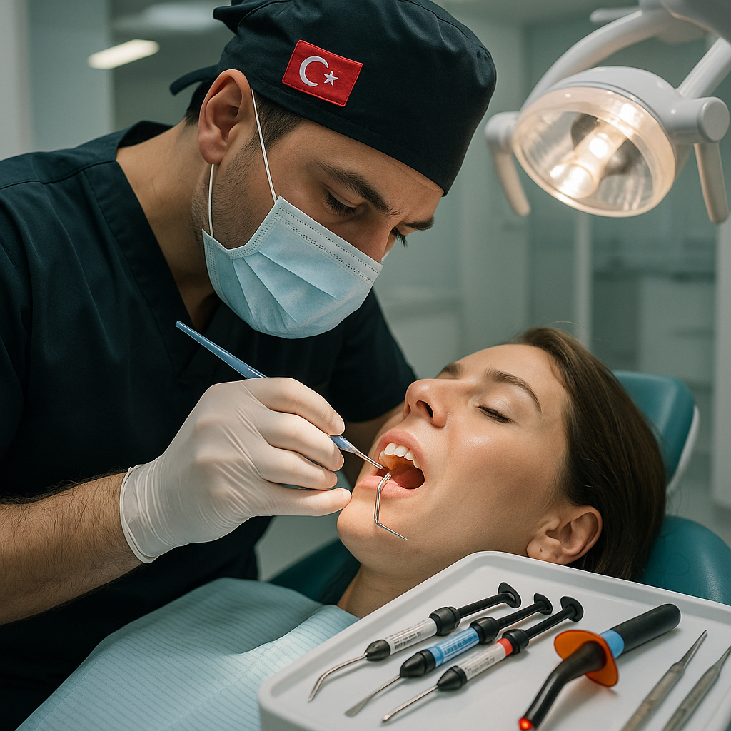 Dentist in mask and gloves applies composite resin to patient’s front teeth in a modern Turkish dental clinic, with dental tools and curing light visible on a tray.