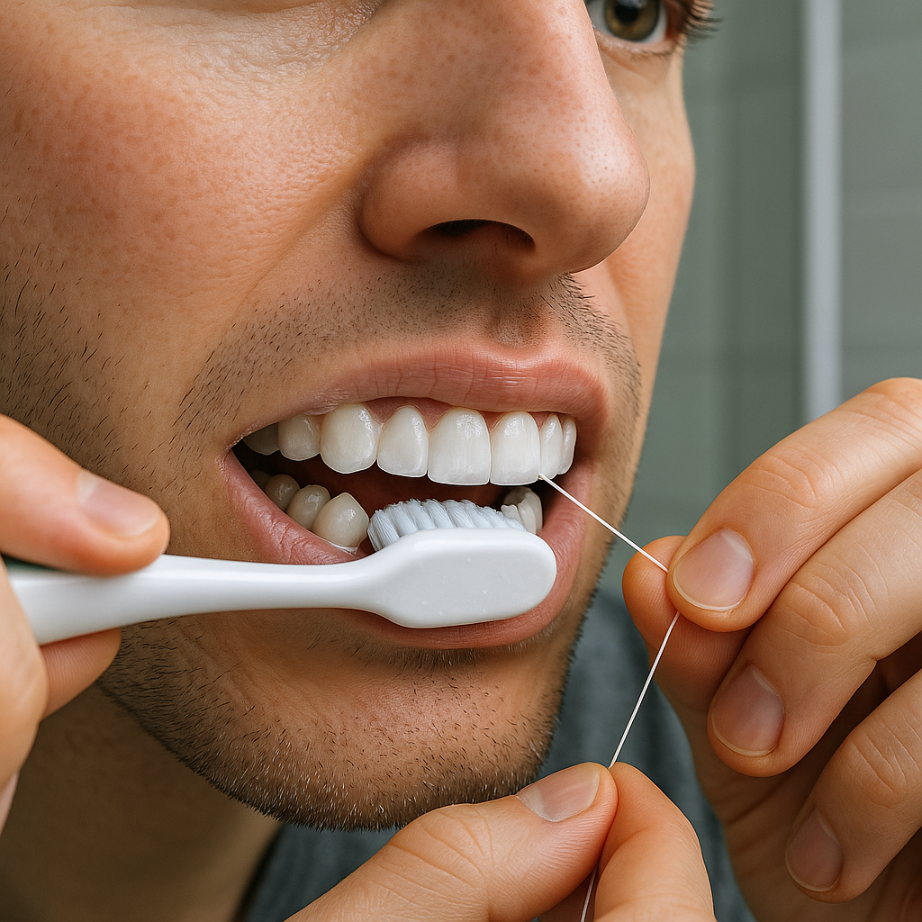 Ultra-realistic close-up of a person gently brushing and flossing their front teeth with composite bonding in a modern, well-lit bathroom; focus on careful oral hygiene and seamless, natural-looking dental work.
