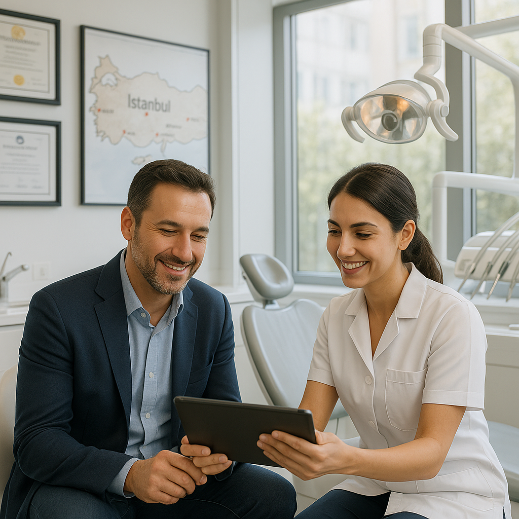 Ultra-realistic dental clinic scene: smiling adult patient with digital tablet consults with friendly Turkish dentist in a modern, sunlit room featuring dental equipment, certificates, and a wall map highlighting Istanbul and Antalya.