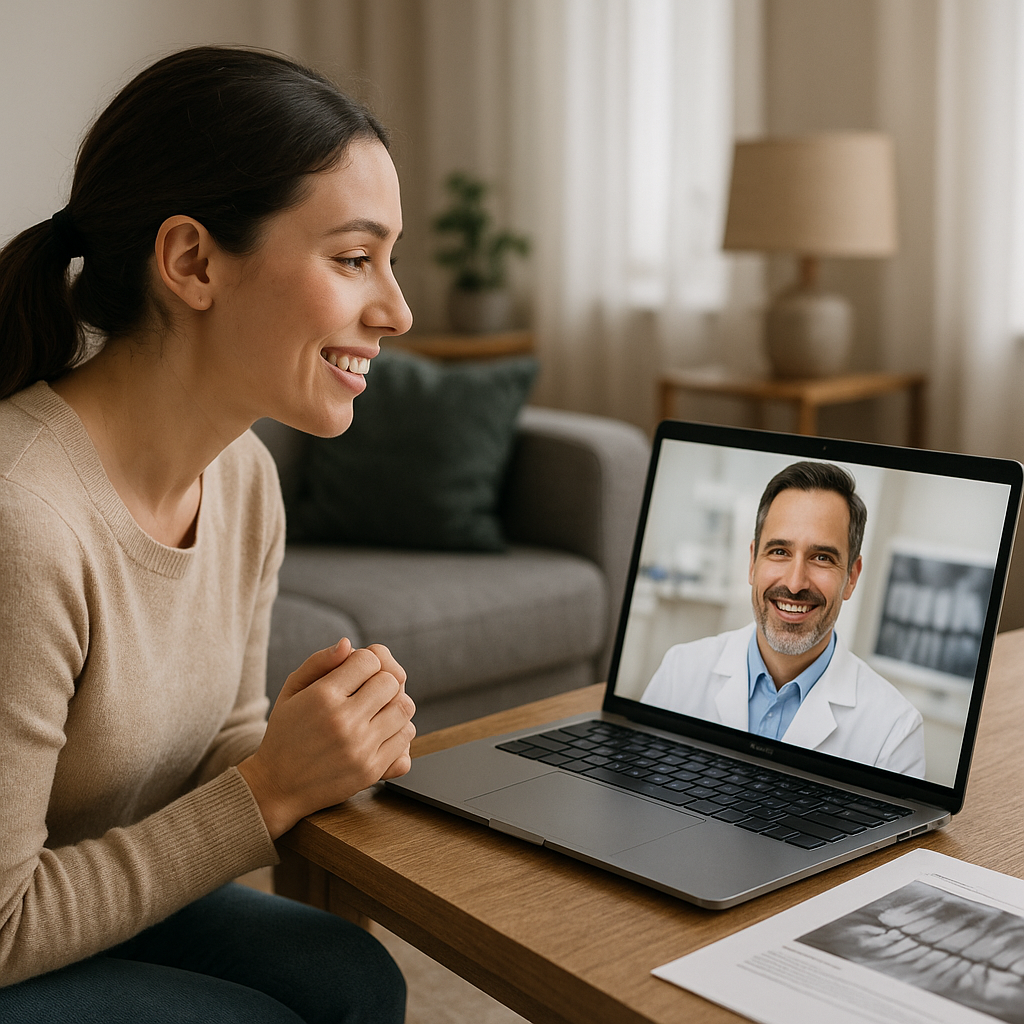 Young woman in a modern living room having a virtual dental consultation on her laptop with a smiling dentist reviewing dental images; dental records on table, warm and reassuring atmosphere.