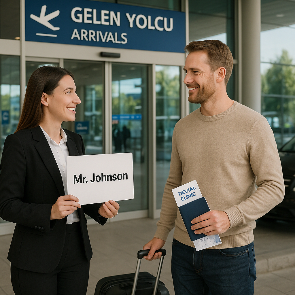 A smiling patient coordinator in a modern Turkish airport arrivals area greets an international traveler with a welcome sign; the traveler holds a small suitcase, travel documents, and a dental clinic brochure. A private transfer vehicle waits outside in bright, natural light.