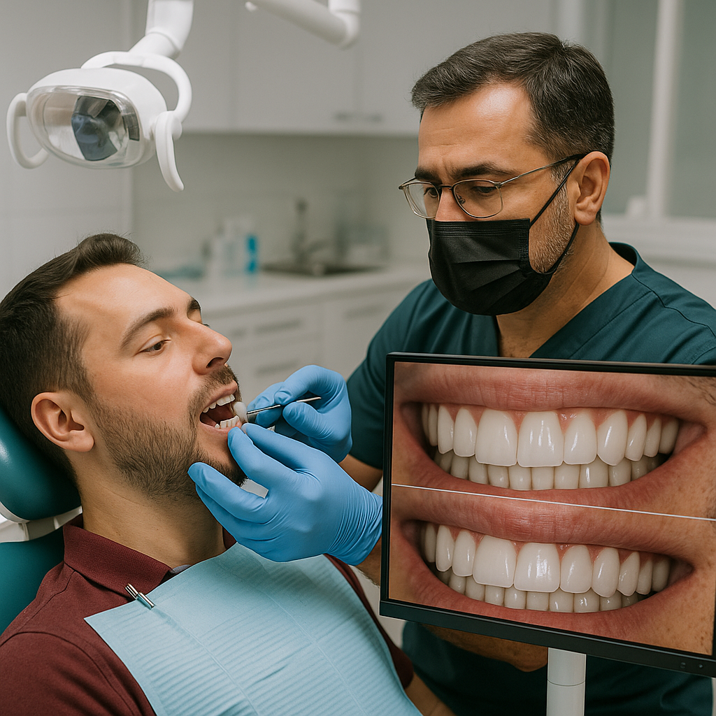 A dentist in professional attire examines a patient's teeth in a modern Turkish dental clinic, using a dental mirror and gloves to check new veneers or crowns. A monitor displays digital images of teeth, with dental tools and a clean, well-lit environment in the background, highlighting attentive care and post-treatment follow-up.