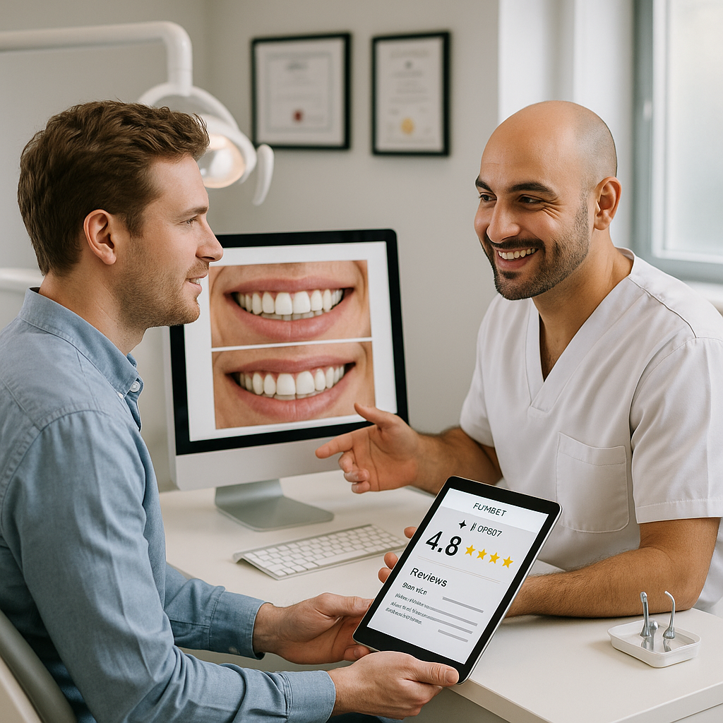 A modern Turkish dental clinic with a cosmetic dentist consulting an international patient, displaying digital smile makeover images on a computer; advanced dental equipment, accreditation certificates on the wall, and a welcoming, clean environment. The patient reviews credentials on a tablet.
